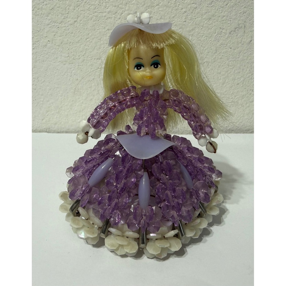 Vintage Purple Beaded Safety Pin Doll Handmade Folk Art Kitsch 4.5 Inch Blonde